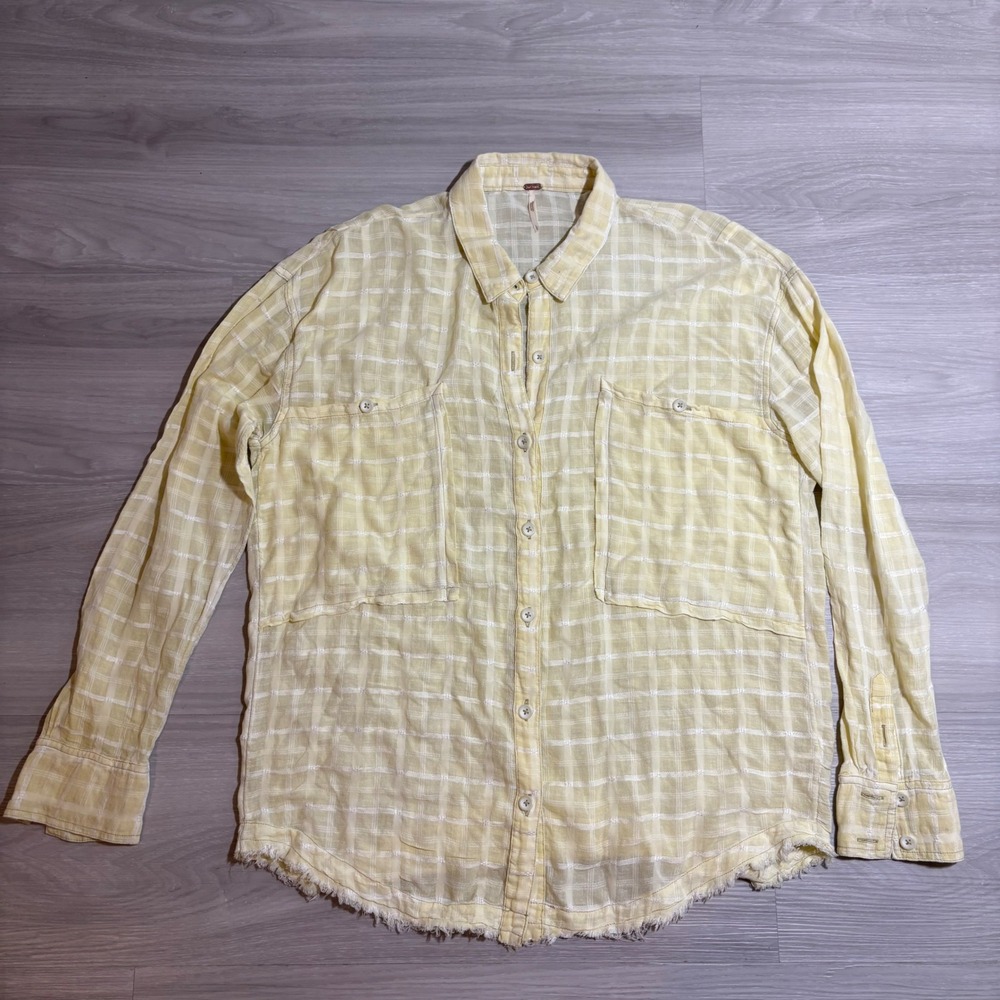 Free People Shirt Women Yellow Plaid Button Down Oversized Raw Hem Gauze Size L